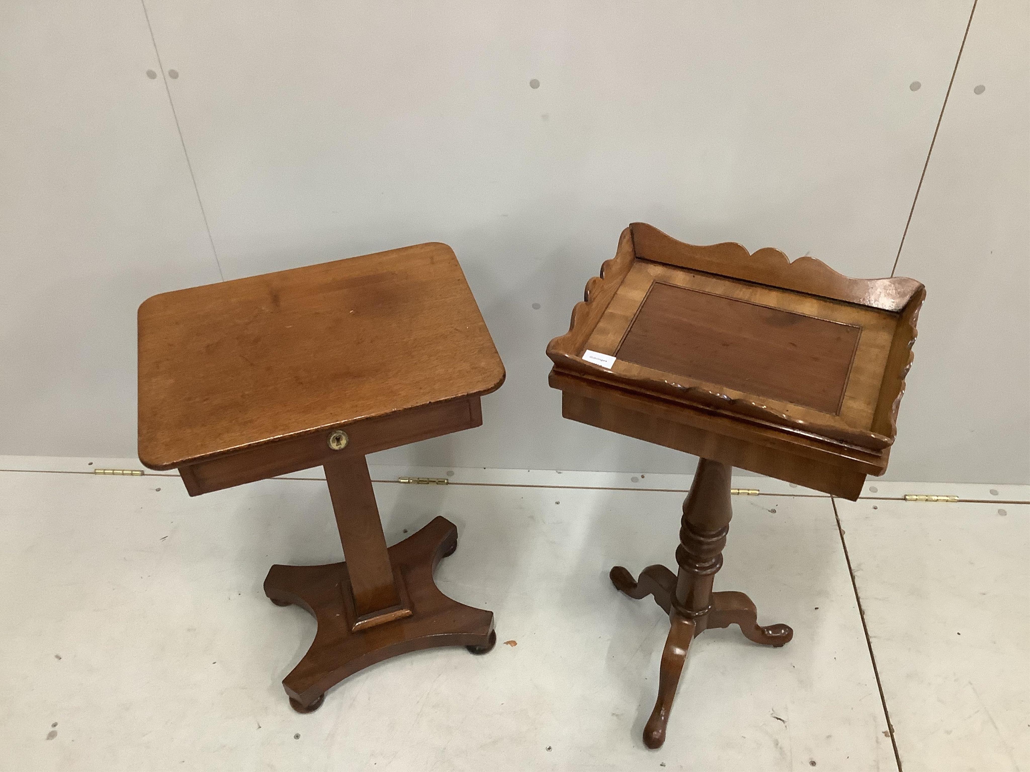 An early Victorian rectangular mahogany side table, width 47cm, depth 36cm, height 71cm, together with a Victorian and later rectangular occasional table. Condition - fair
